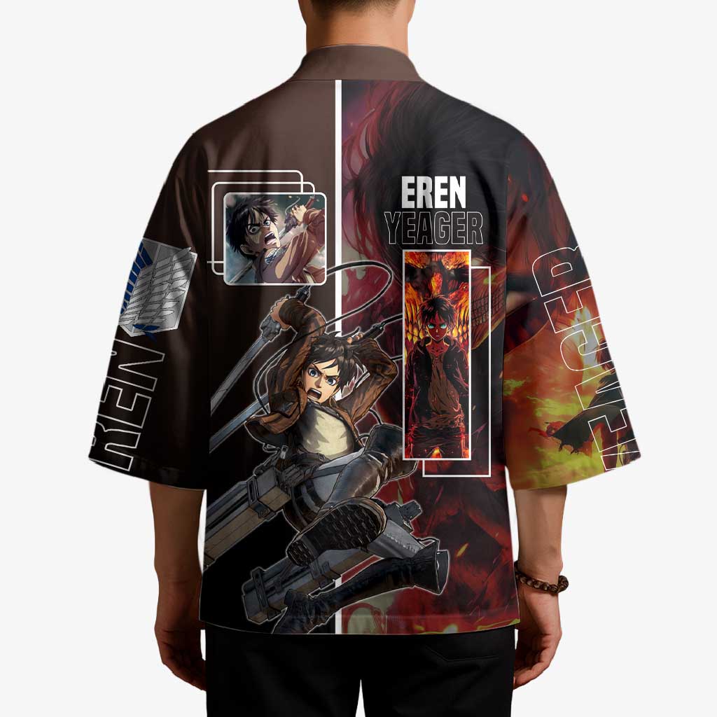 Eren Yeager from Attack on Titan Kimono with Action Poses and Fiery Background Design - The Mazicc