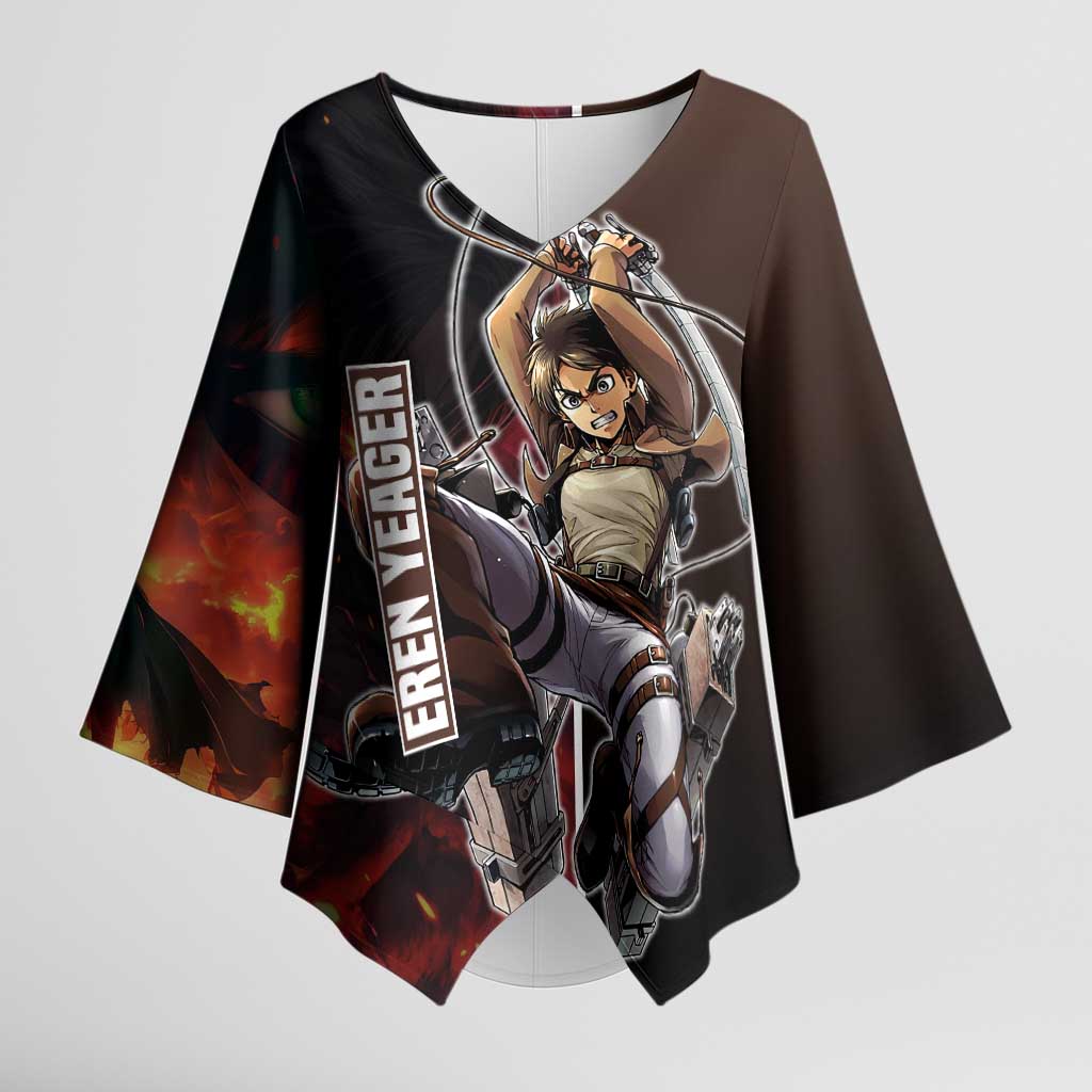 Eren Yeager from Attack on Titan Kimono Sleeve Blouse with Action Poses and Fiery Background Design - The Mazicc