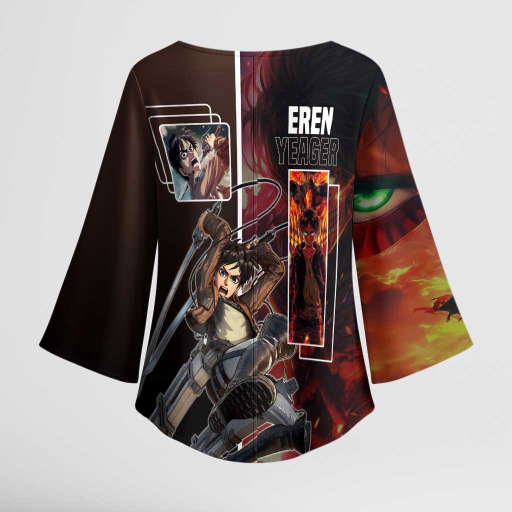 Eren Yeager from Attack on Titan Kimono Sleeve Blouse with Action Poses and Fiery Background Design - The Mazicc