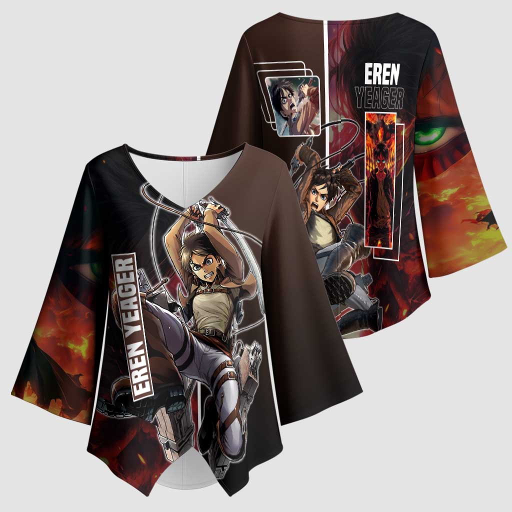 Eren Yeager from Attack on Titan Kimono Sleeve Blouse with Action Poses and Fiery Background Design - The Mazicc