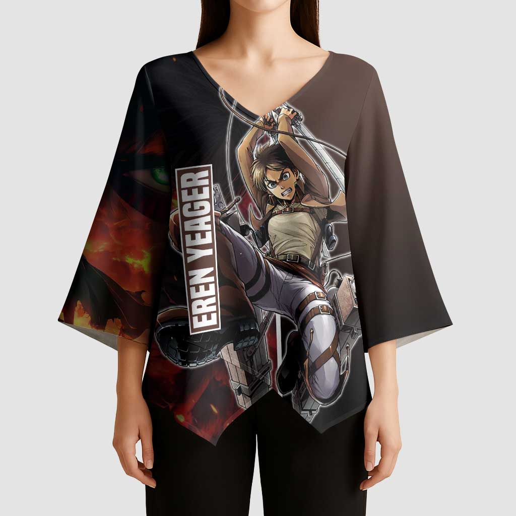 Eren Yeager from Attack on Titan Kimono Sleeve Blouse with Action Poses and Fiery Background Design - The Mazicc