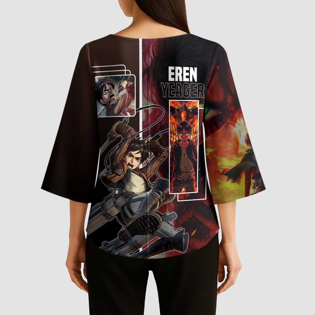 Eren Yeager from Attack on Titan Kimono Sleeve Blouse with Action Poses and Fiery Background Design - The Mazicc
