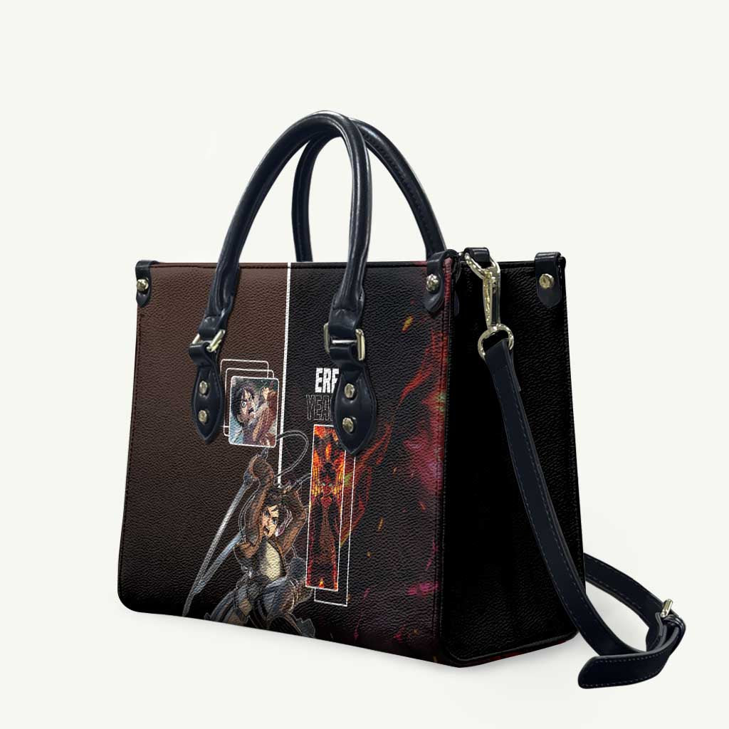 Eren Yeager from Attack on Titan Leather Bag with Action Poses and Fiery Background Design - The Mazicc