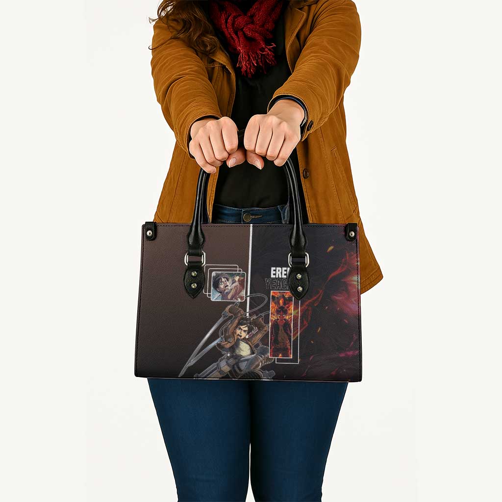 Eren Yeager from Attack on Titan Leather Bag with Action Poses and Fiery Background Design - The Mazicc