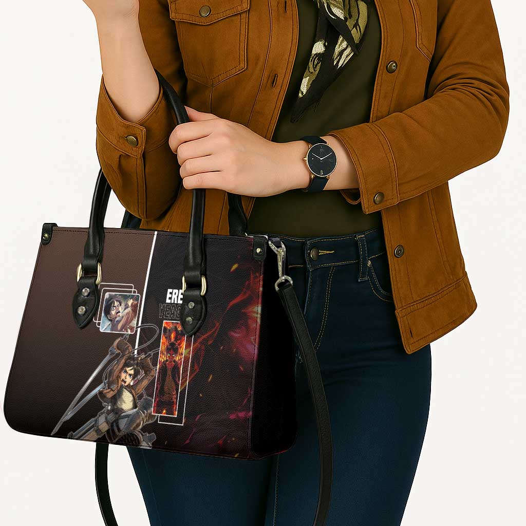 Eren Yeager from Attack on Titan Leather Bag with Action Poses and Fiery Background Design - The Mazicc