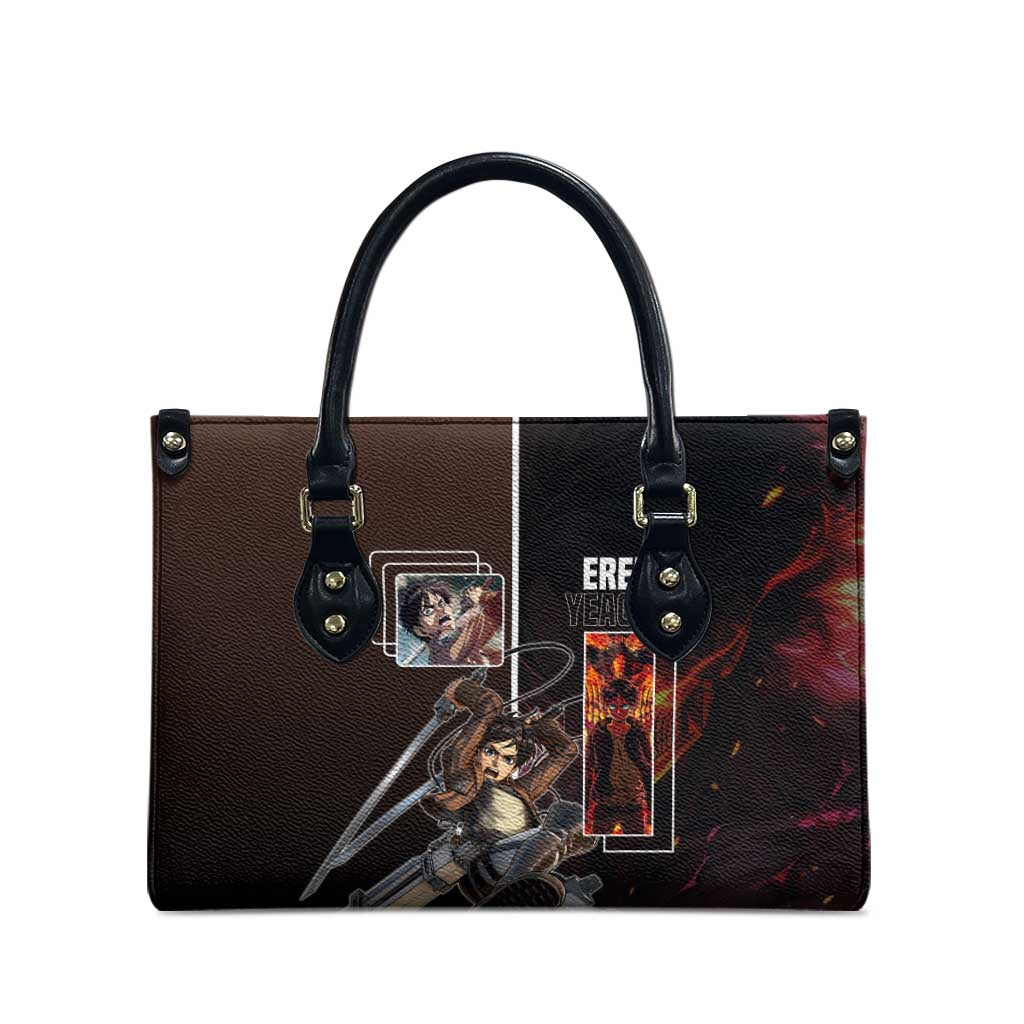 Eren Yeager from Attack on Titan Leather Bag with Action Poses and Fiery Background Design - The Mazicc
