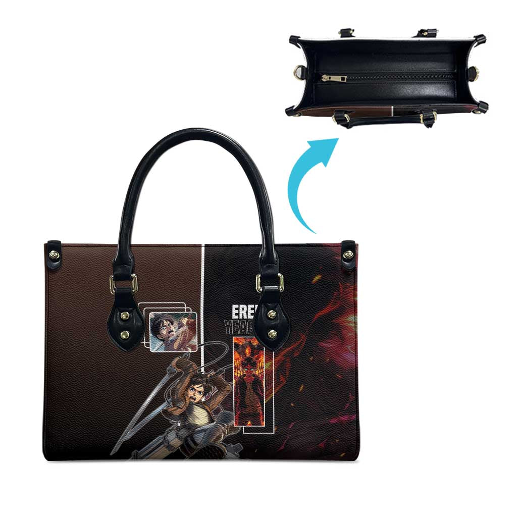 Eren Yeager from Attack on Titan Leather Bag with Action Poses and Fiery Background Design - The Mazicc