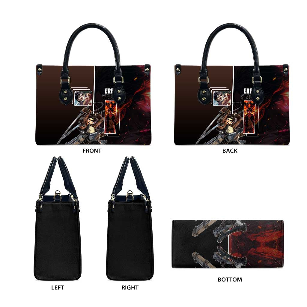 Eren Yeager from Attack on Titan Leather Bag with Action Poses and Fiery Background Design - The Mazicc