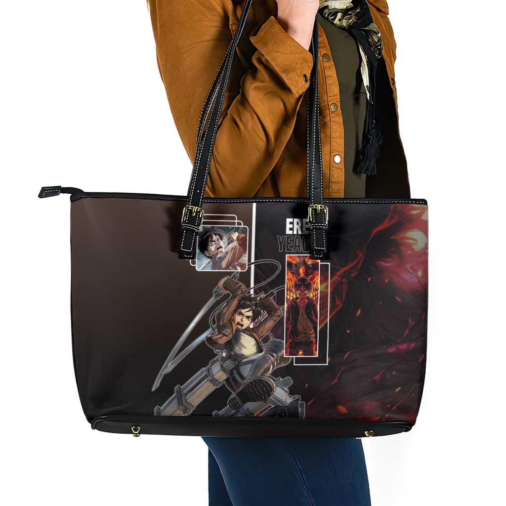 Eren Yeager from Attack on Titan Leather Tote Bag with Action Poses and Fiery Background Design - The Mazicc