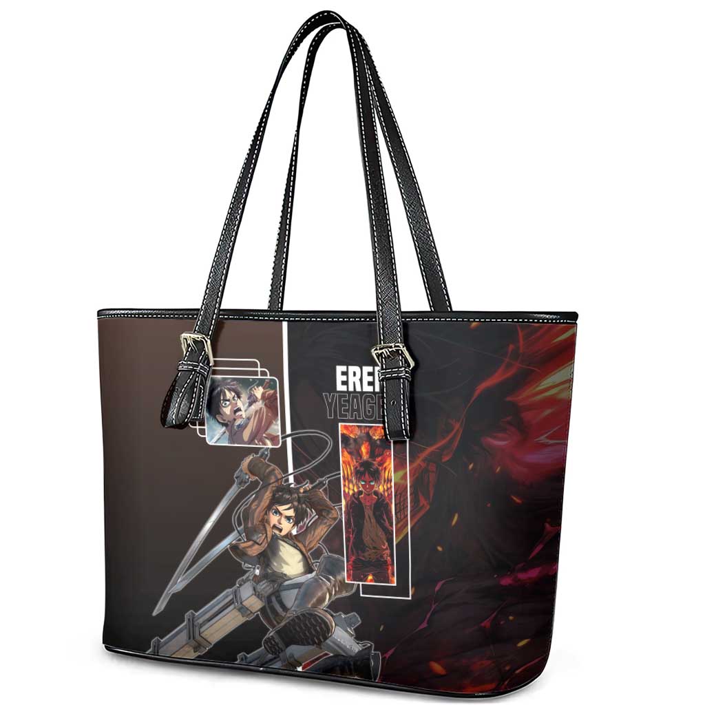 Eren Yeager from Attack on Titan Leather Tote Bag with Action Poses and Fiery Background Design - The Mazicc