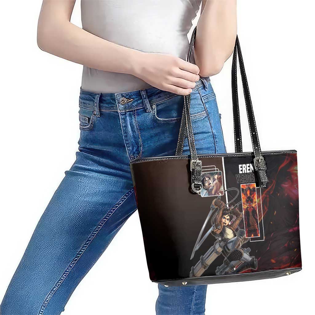 Eren Yeager from Attack on Titan Leather Tote Bag with Action Poses and Fiery Background Design - The Mazicc