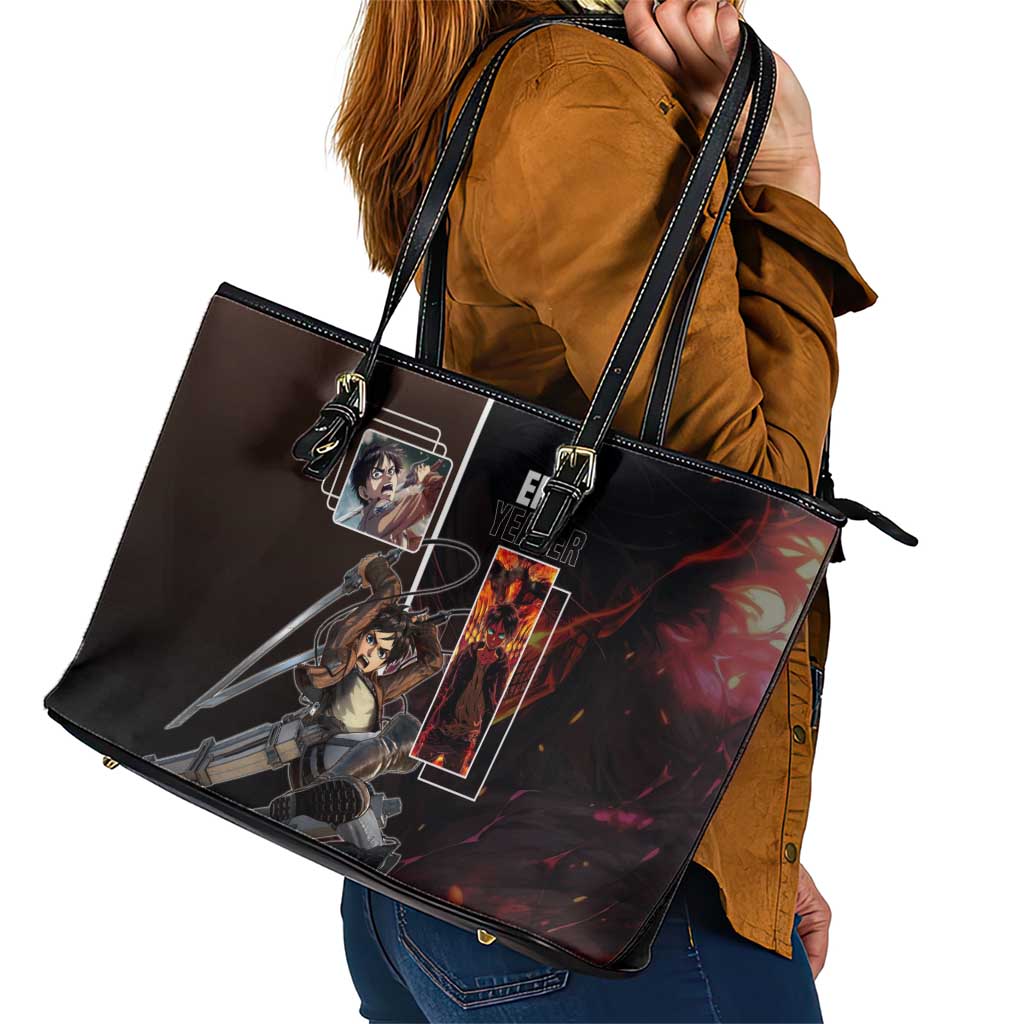 Eren Yeager from Attack on Titan Leather Tote Bag with Action Poses and Fiery Background Design - The Mazicc