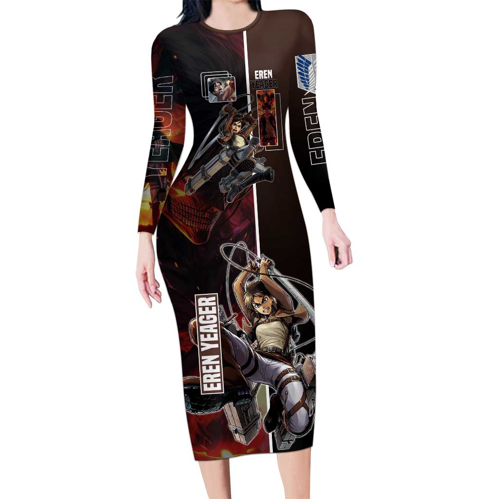 Eren Yeager from Attack on Titan Long Sleeve Bodycon Dress with Action Poses and Fiery Background Design - The Mazicc