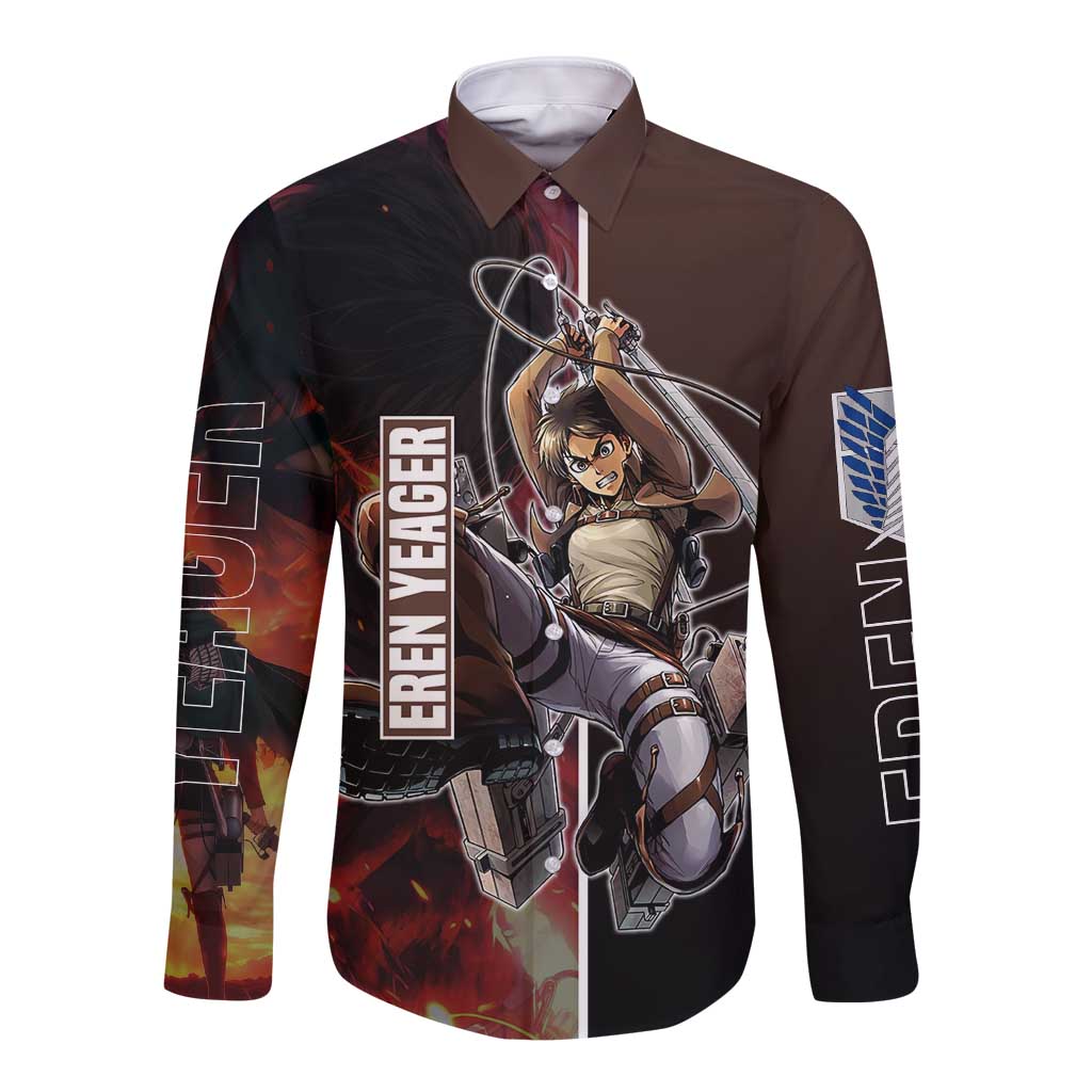 Eren Yeager from Attack on Titan Long Sleeve Button Shirt with Action Poses and Fiery Background Design - The Mazicc