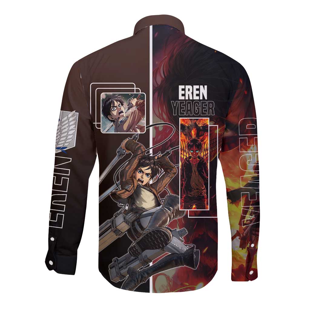 Eren Yeager from Attack on Titan Long Sleeve Button Shirt with Action Poses and Fiery Background Design - The Mazicc
