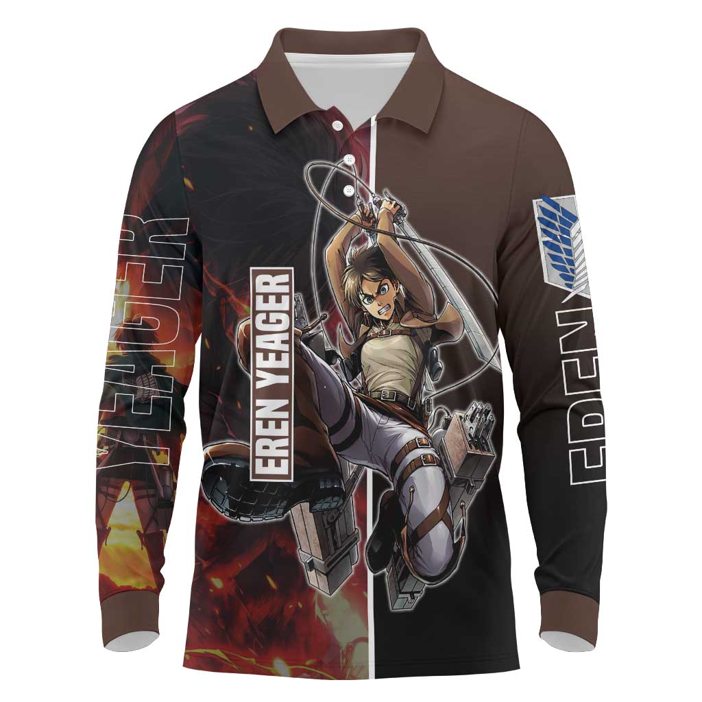 Eren Yeager from Attack on Titan Long Sleeve Polo Shirt with Action Poses and Fiery Background Design - The Mazicc