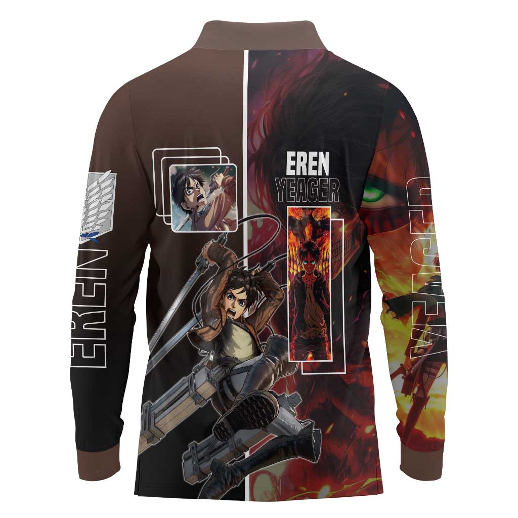 Eren Yeager from Attack on Titan Long Sleeve Polo Shirt with Action Poses and Fiery Background Design - The Mazicc