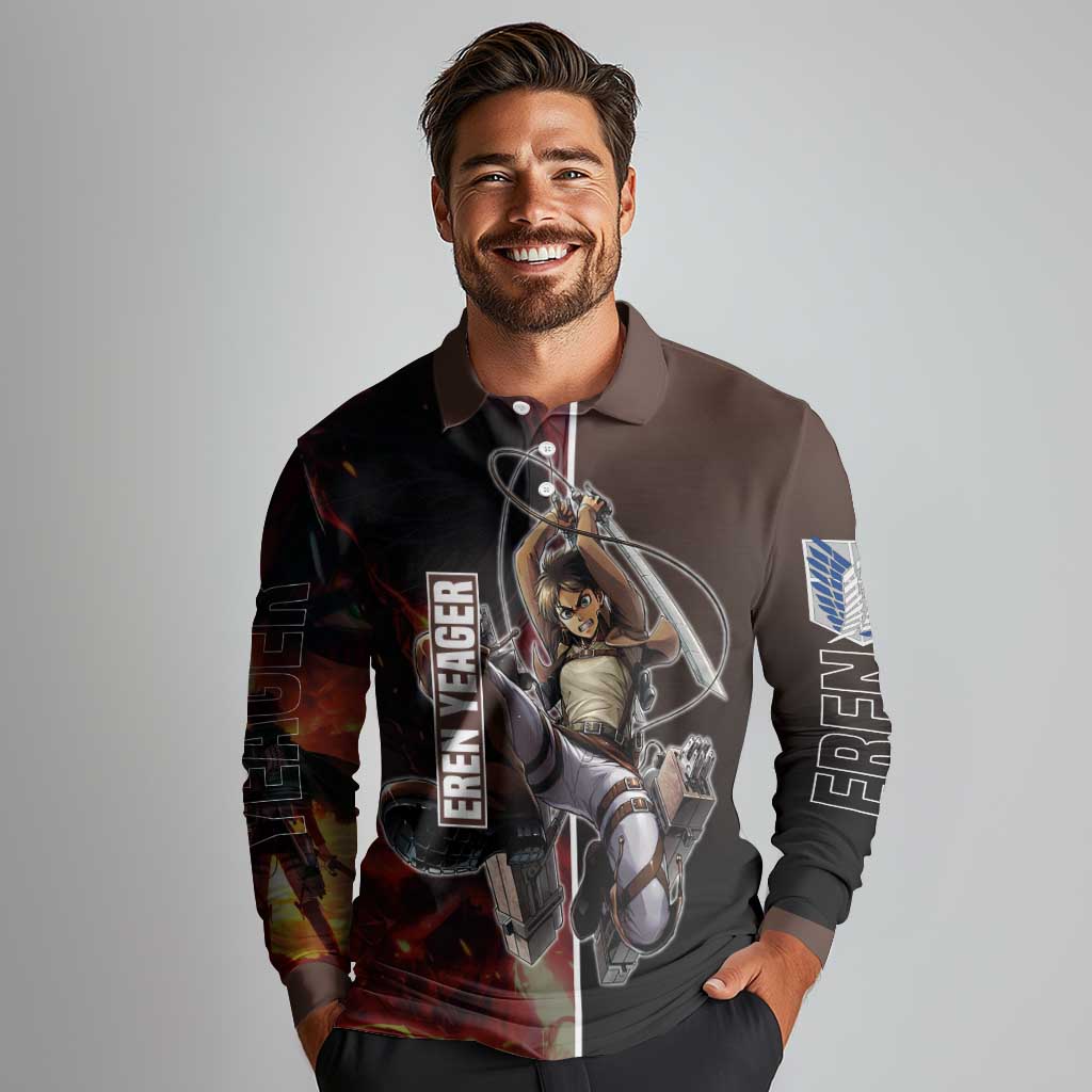 Eren Yeager from Attack on Titan Long Sleeve Polo Shirt with Action Poses and Fiery Background Design - The Mazicc