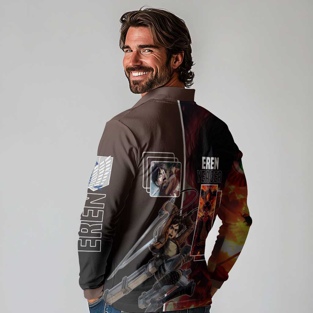 Eren Yeager from Attack on Titan Long Sleeve Polo Shirt with Action Poses and Fiery Background Design - The Mazicc