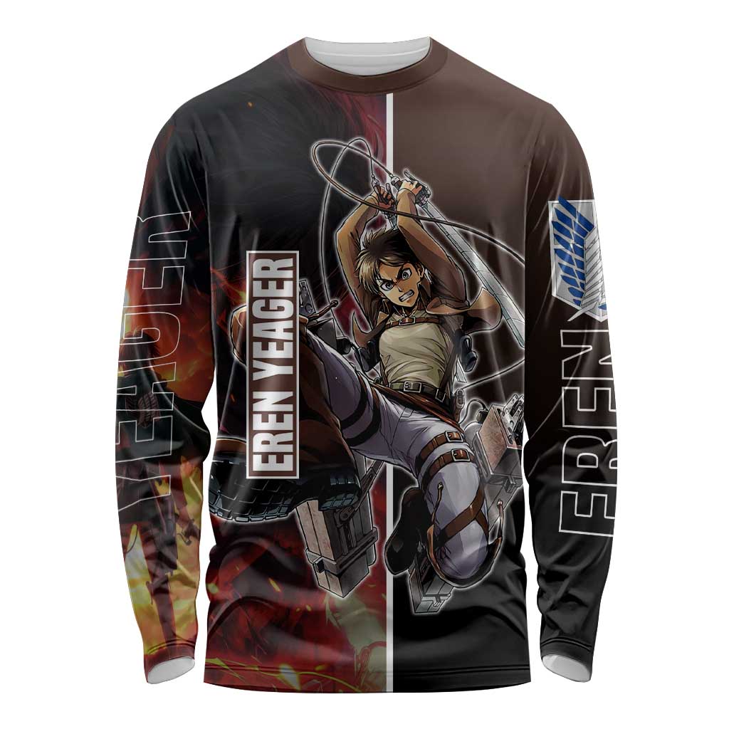 Eren Yeager from Attack on Titan Long Sleeve Shirt with Action Poses and Fiery Background Design - The Mazicc