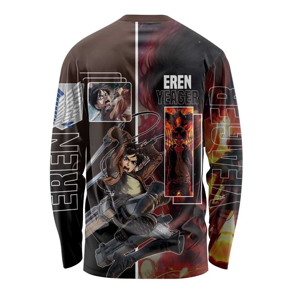 Eren Yeager from Attack on Titan Long Sleeve Shirt with Action Poses and Fiery Background Design - The Mazicc