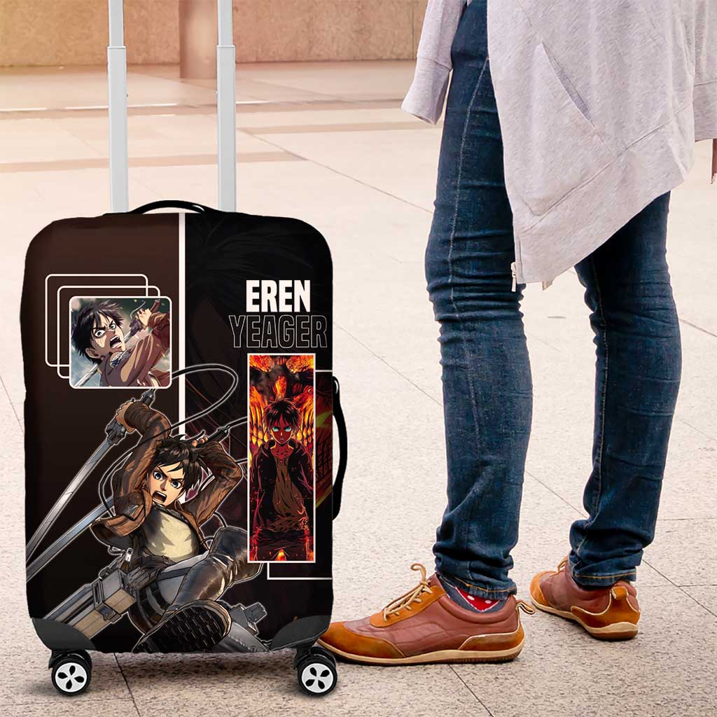 Eren Yeager from Attack on Titan Luggage Cover with Action Poses and Fiery Background Design - The Mazicc