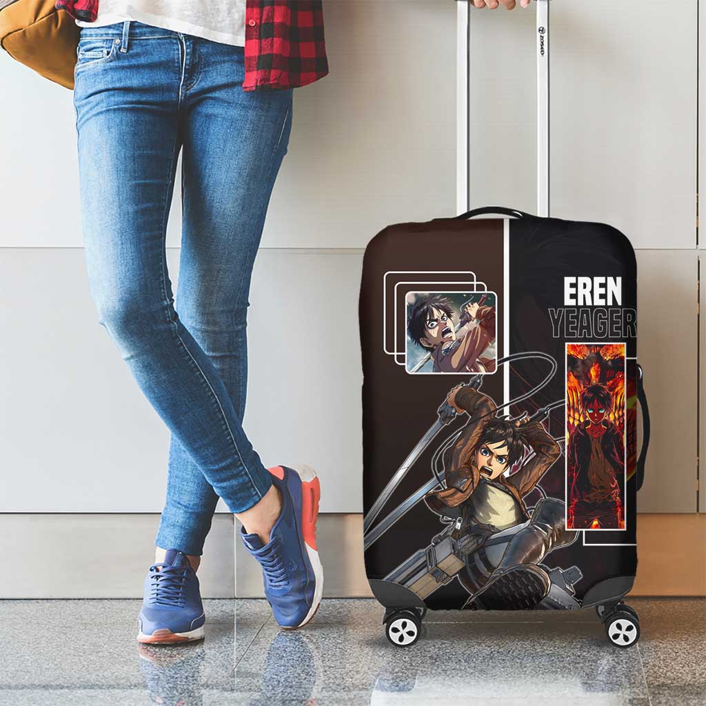 Eren Yeager from Attack on Titan Luggage Cover with Action Poses and Fiery Background Design - The Mazicc