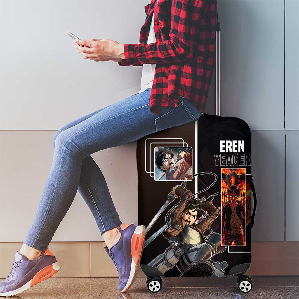 Eren Yeager from Attack on Titan Luggage Cover with Action Poses and Fiery Background Design - The Mazicc
