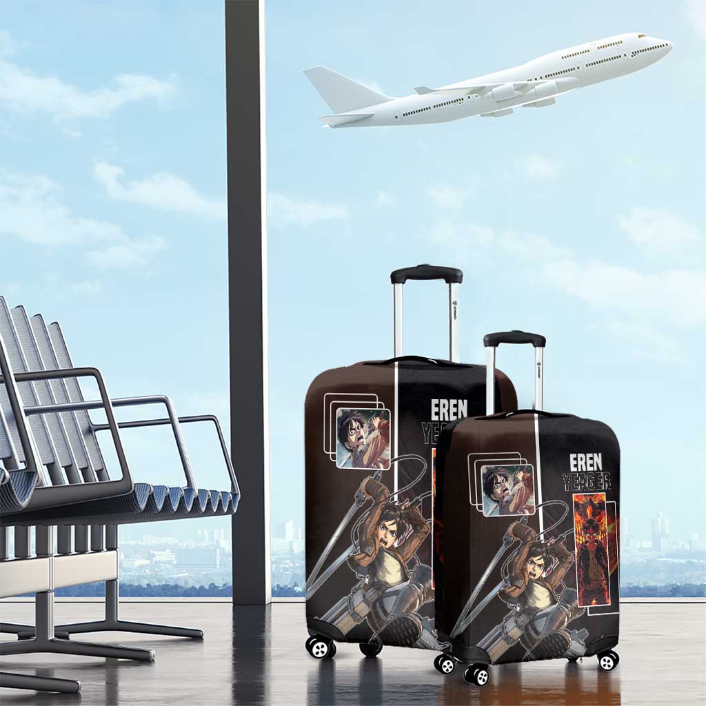Eren Yeager from Attack on Titan Luggage Cover with Action Poses and Fiery Background Design - The Mazicc