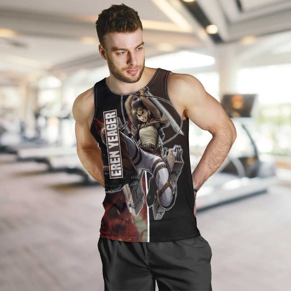 Eren Yeager from Attack on Titan Men Tank Top with Action Poses and Fiery Background Design - The Mazicc