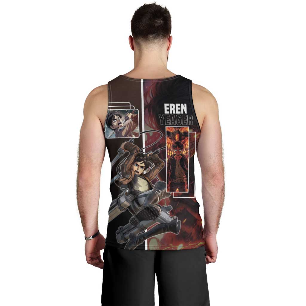 Eren Yeager from Attack on Titan Men Tank Top with Action Poses and Fiery Background Design - The Mazicc