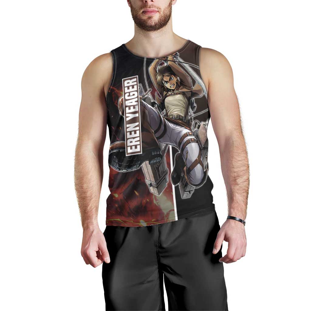 Eren Yeager from Attack on Titan Men Tank Top with Action Poses and Fiery Background Design - The Mazicc