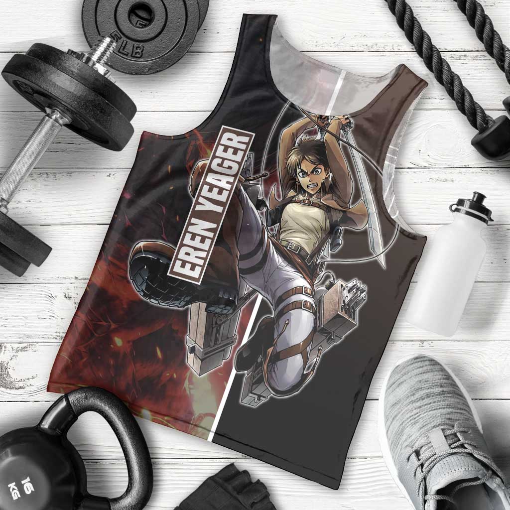 Eren Yeager from Attack on Titan Men Tank Top with Action Poses and Fiery Background Design - The Mazicc