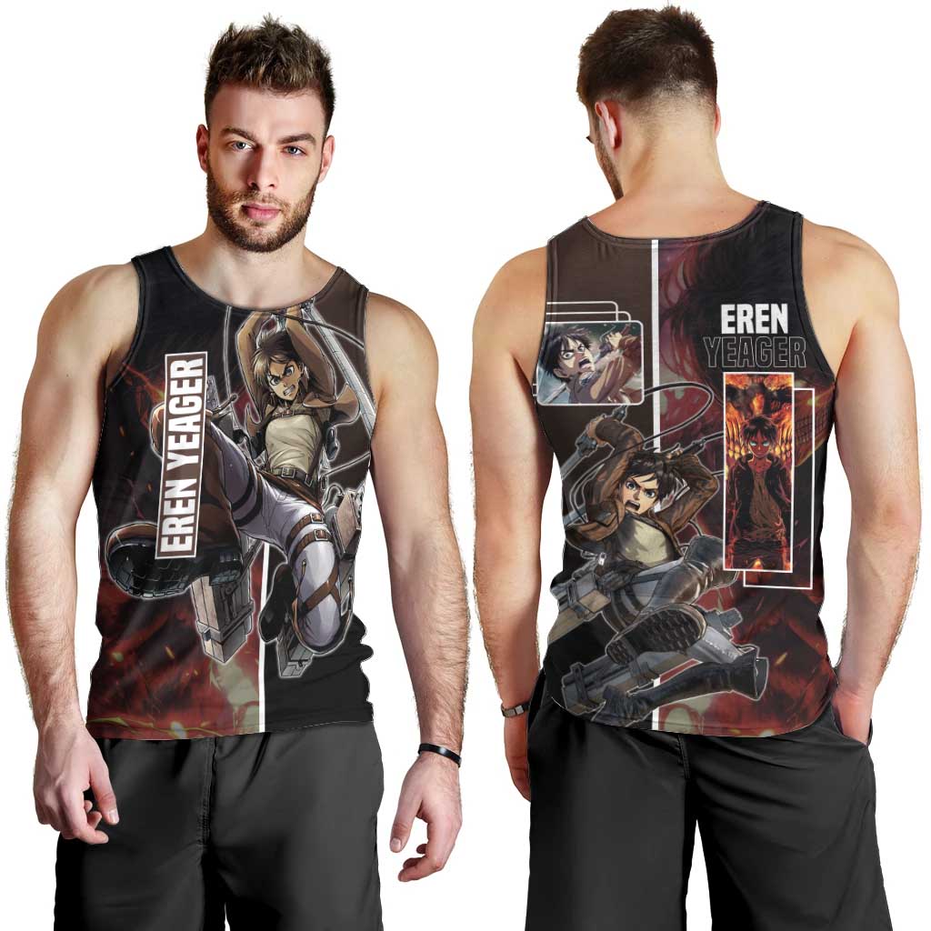 Eren Yeager from Attack on Titan Men Tank Top with Action Poses and Fiery Background Design - The Mazicc
