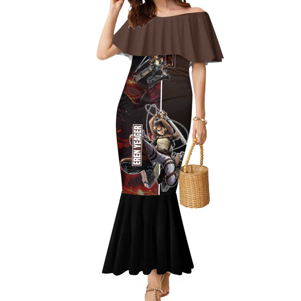 Eren Yeager from Attack on Titan Mermaid Dress with Action Poses and Fiery Background Design - The Mazicc