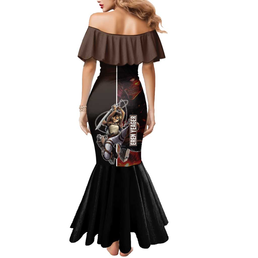 Eren Yeager from Attack on Titan Mermaid Dress with Action Poses and Fiery Background Design - The Mazicc
