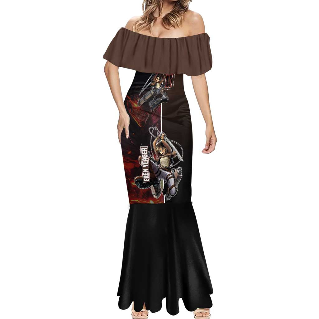 Eren Yeager from Attack on Titan Mermaid Dress with Action Poses and Fiery Background Design - The Mazicc
