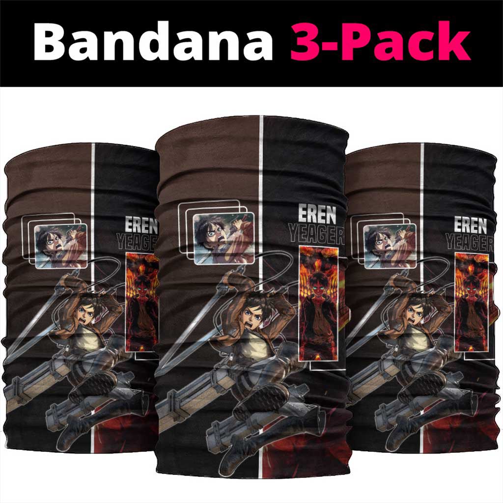 Eren Yeager from Attack on Titan Neck Gaiter with Action Poses and Fiery Background Design - The Mazicc