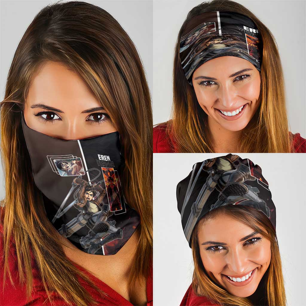 Eren Yeager from Attack on Titan Neck Gaiter with Action Poses and Fiery Background Design - The Mazicc