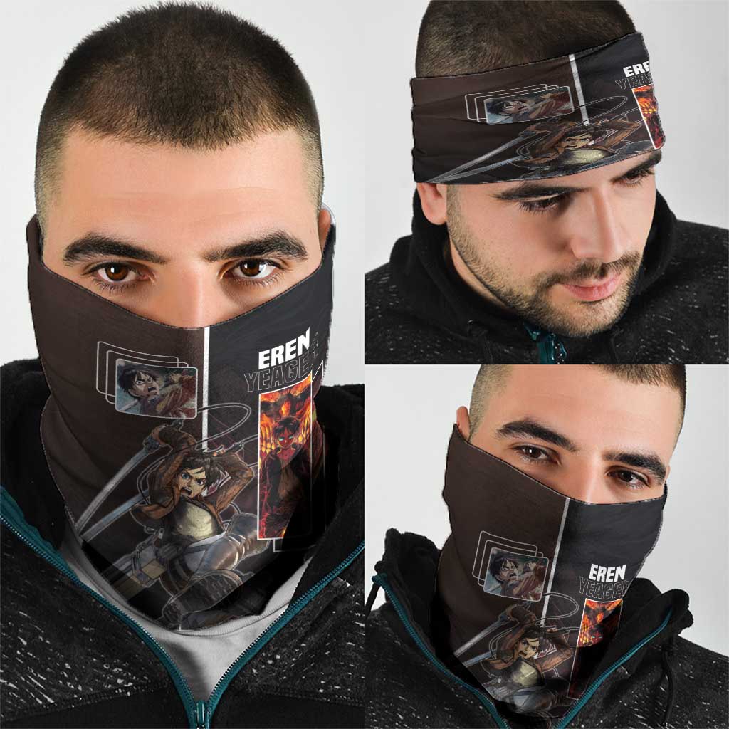 Eren Yeager from Attack on Titan Neck Gaiter with Action Poses and Fiery Background Design - The Mazicc