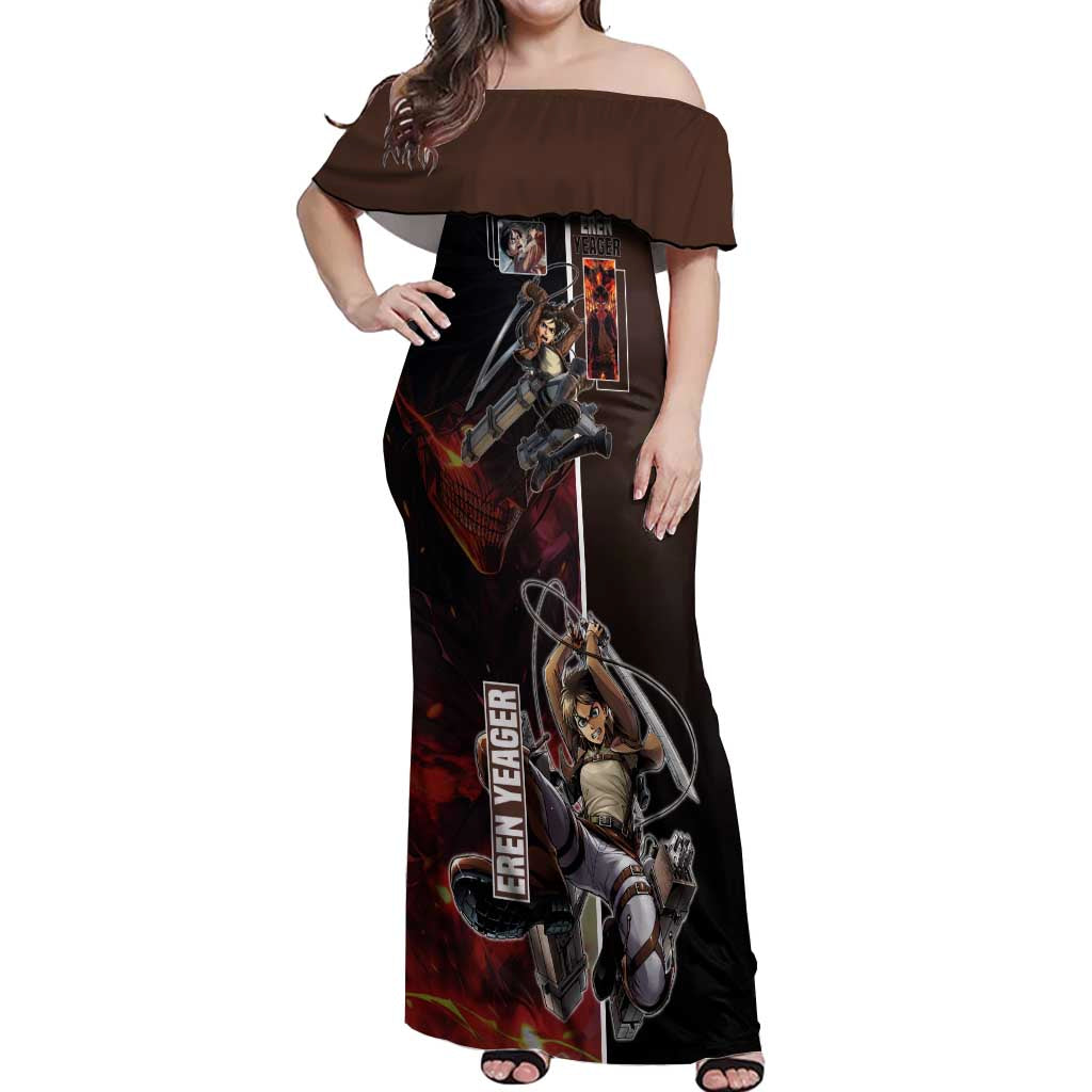 Eren Yeager from Attack on Titan Off Shoulder Maxi Dress with Action Poses and Fiery Background Design - The Mazicc