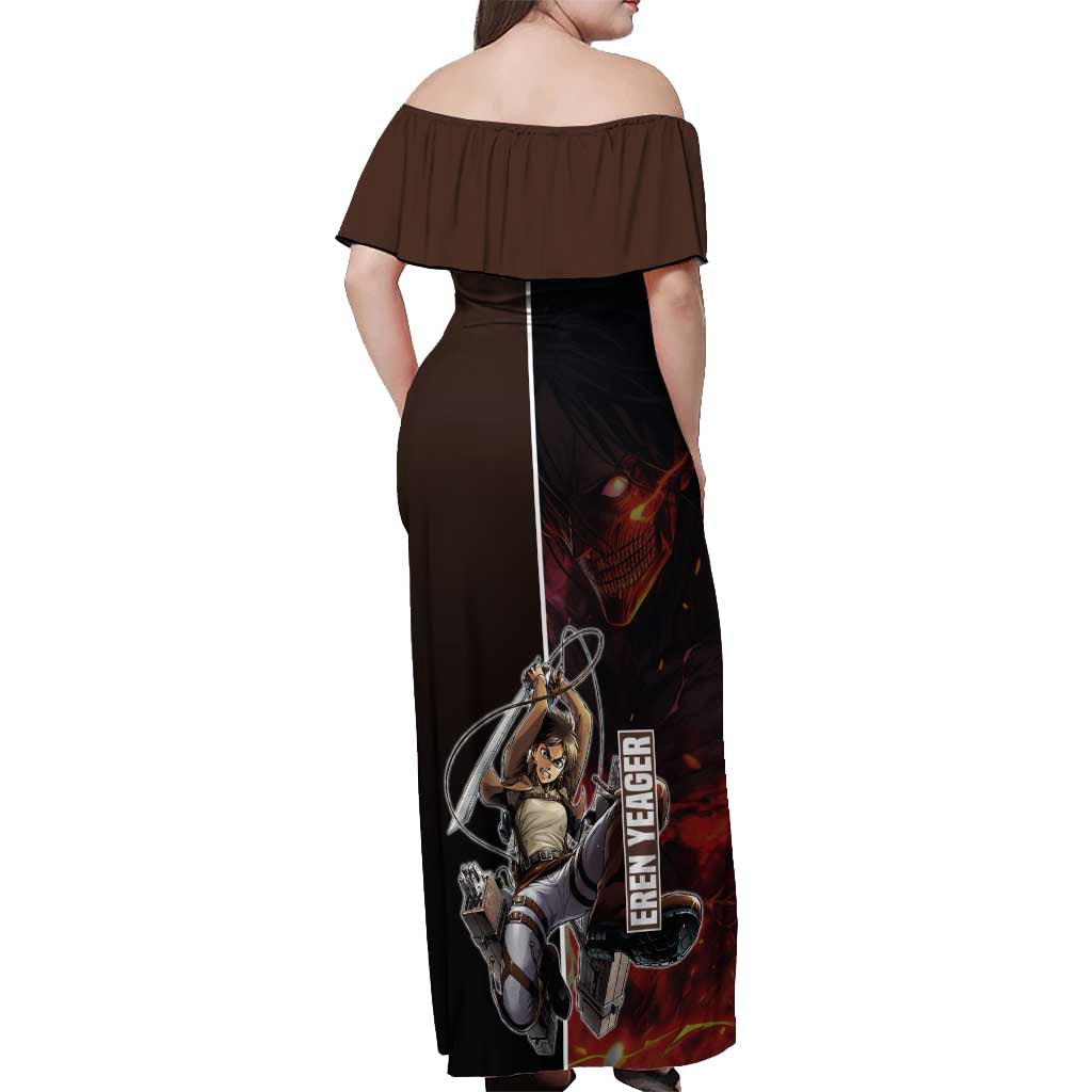 Eren Yeager from Attack on Titan Off Shoulder Maxi Dress with Action Poses and Fiery Background Design - The Mazicc