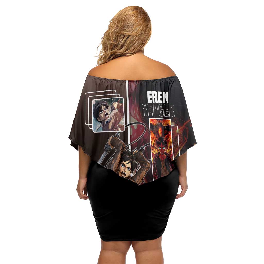 Eren Yeager from Attack on Titan Off Shoulder Short Dress with Action Poses and Fiery Background Design - The Mazicc