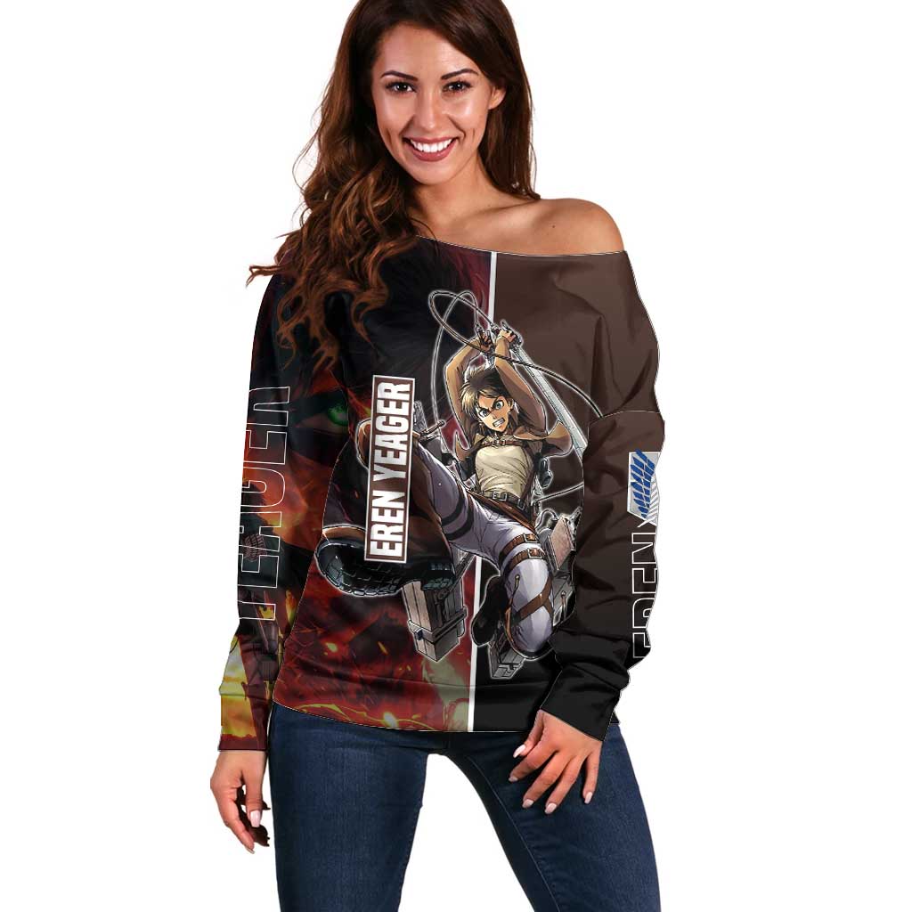 Eren Yeager from Attack on Titan Off Shoulder Sweater with Action Poses and Fiery Background Design - The Mazicc