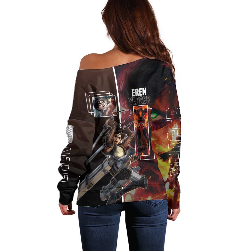 Eren Yeager from Attack on Titan Off Shoulder Sweater with Action Poses and Fiery Background Design - The Mazicc