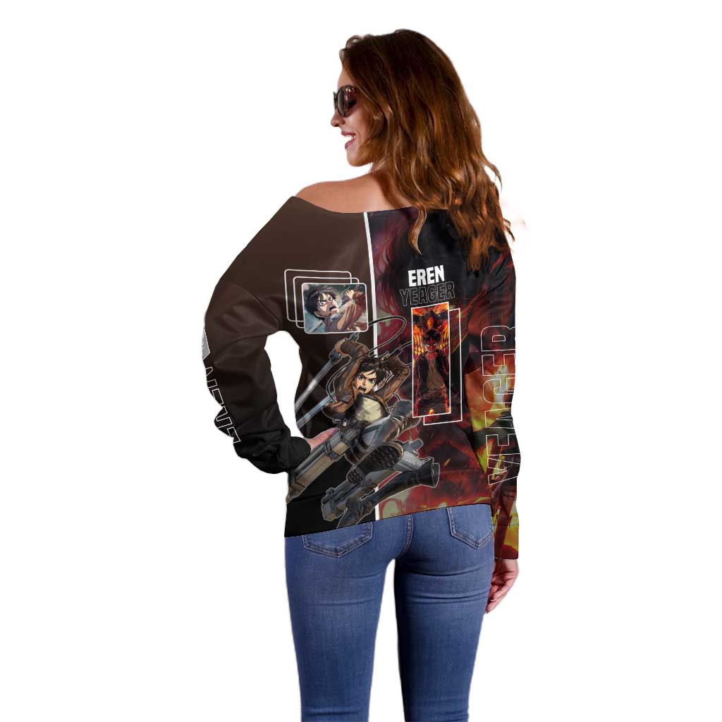 Eren Yeager from Attack on Titan Off Shoulder Sweater with Action Poses and Fiery Background Design - The Mazicc