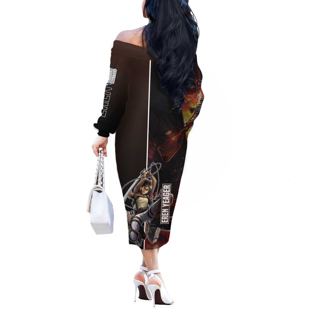 Eren Yeager from Attack on Titan Off The Shoulder Long Sleeve Dress with Action Poses and Fiery Background Design - The Mazicc