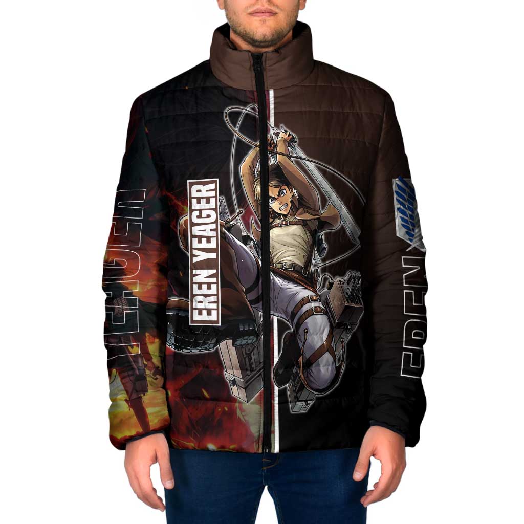 Eren Yeager from Attack on Titan Padded Jacket with Action Poses and Fiery Background Design - The Mazicc