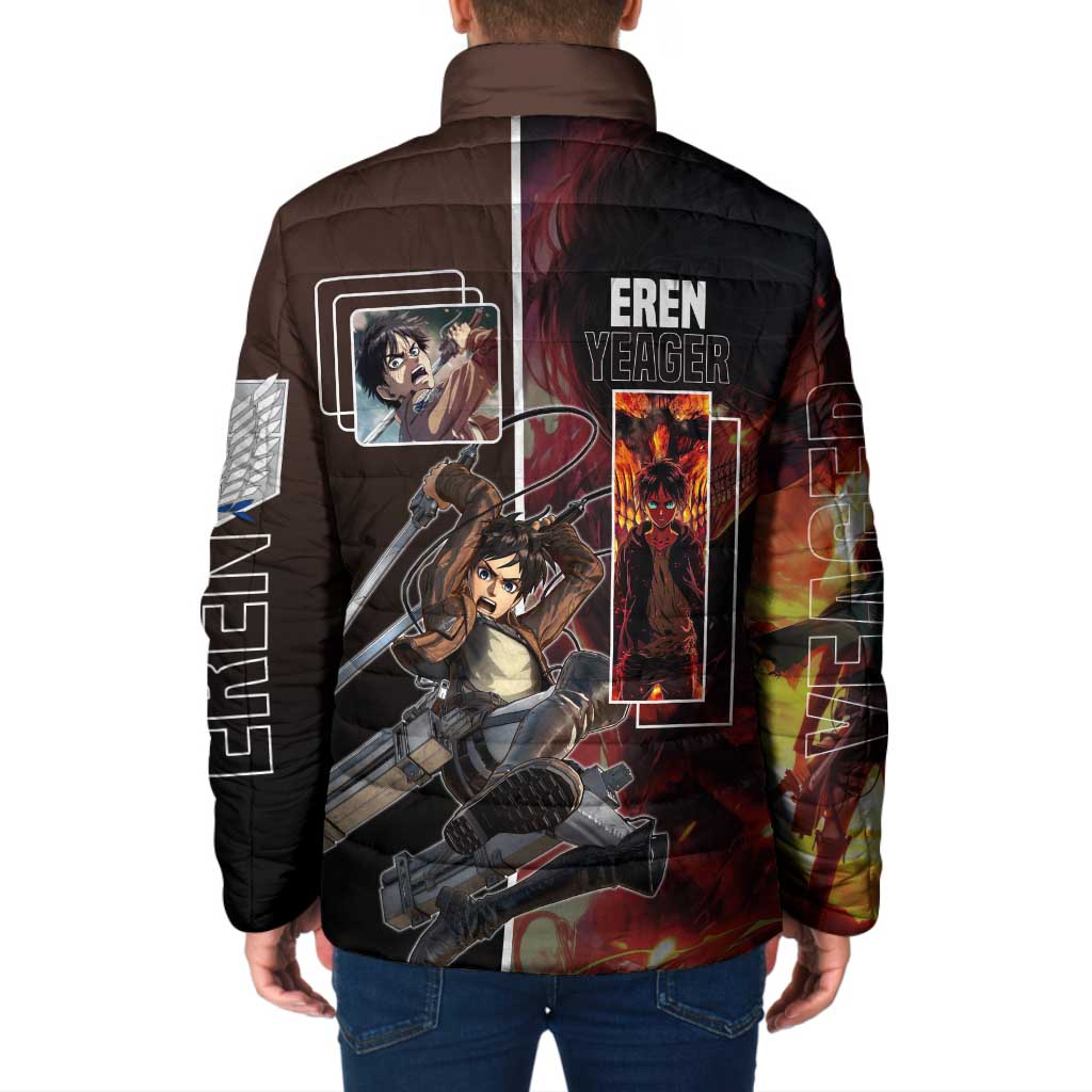 Eren Yeager from Attack on Titan Padded Jacket with Action Poses and Fiery Background Design - The Mazicc