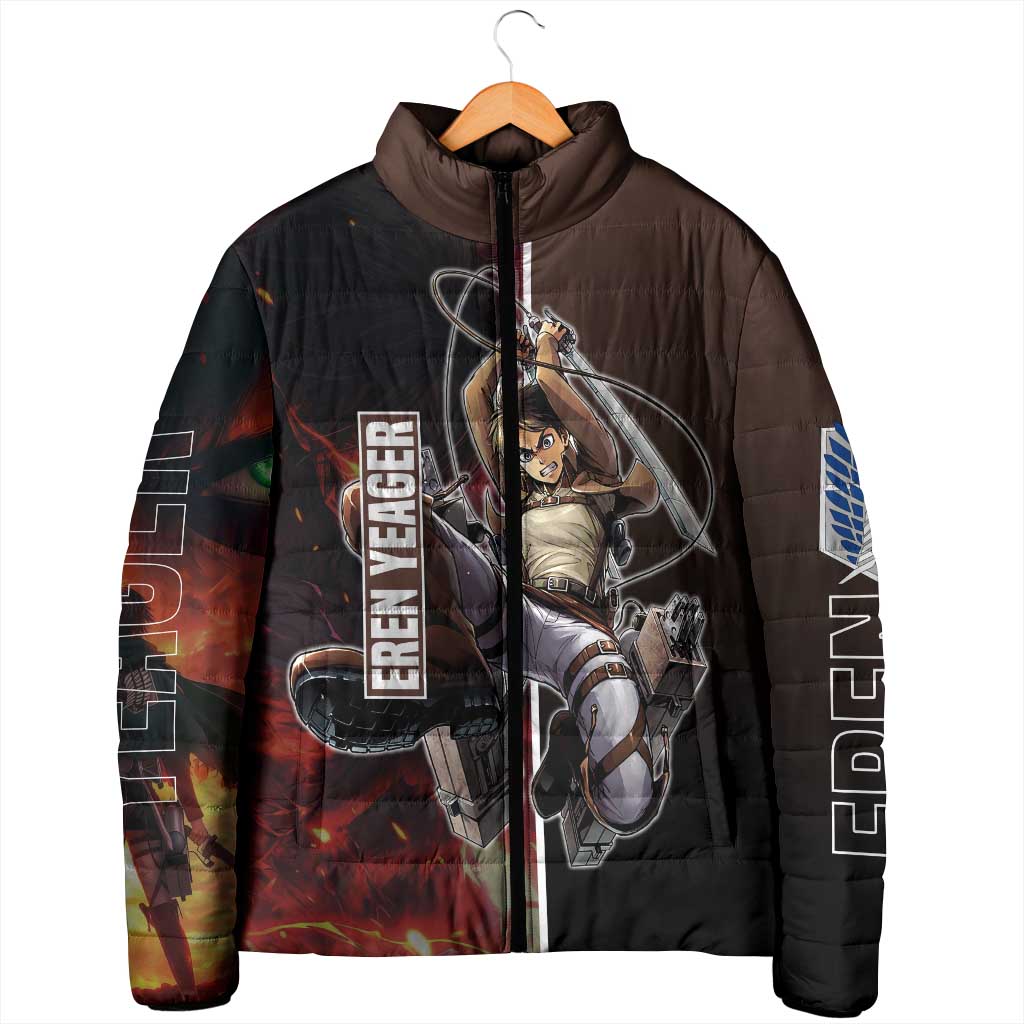 Eren Yeager from Attack on Titan Padded Jacket with Action Poses and Fiery Background Design - The Mazicc